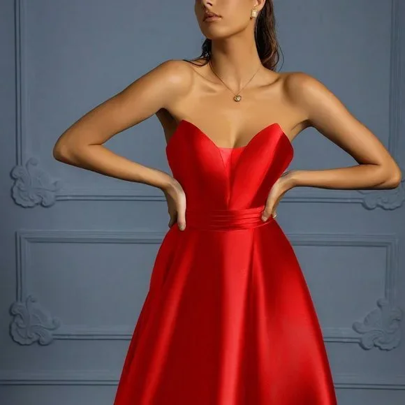 Red Preppy Womens Solid Color Strapless Formal Dress With Thigh-High Slit - Picture 5 of 5